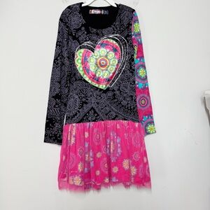 Desigual girls pink black colorful swirling hearts flowers dress size 11/12